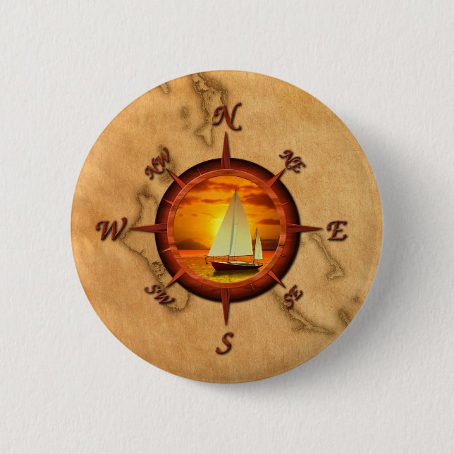 Segelboot-und Kompass-Rose Button (Vorderseite)