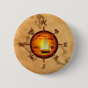 Segelboot-und Kompass-Rose Button
