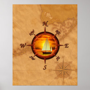 Segelboot und Kompassrose Poster