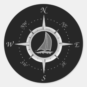 Segelboot und Kompassrose Runder Aufkleber