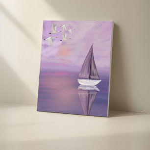 Segelboot und Schwäne bei Sonnenuntergang - Lila L Leinwanddruck