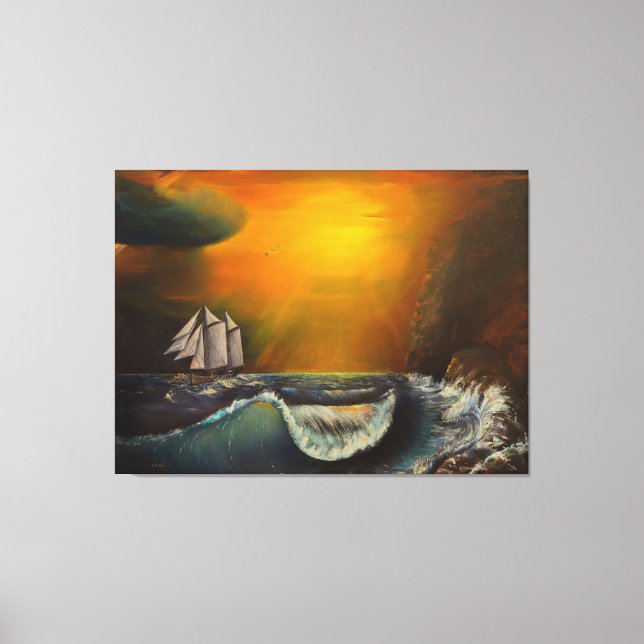 Segelboot und Sonnenuntergang am Felsenufer Leinwanddruck (Vorderseite)