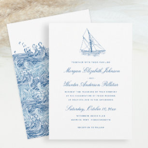 Segelboot und Wellen Elegante Navyblaue Hochzeit Einladung