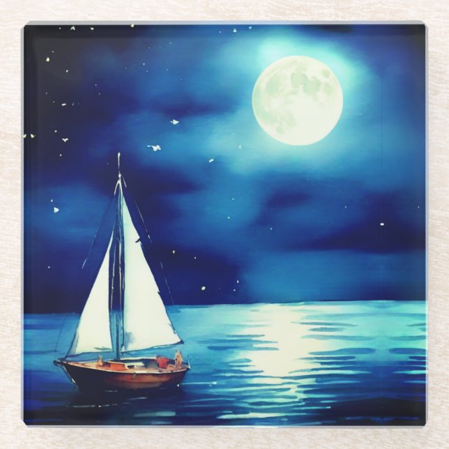 Segelboot unter Vollmond Glasuntersetzer (Vorderseite)