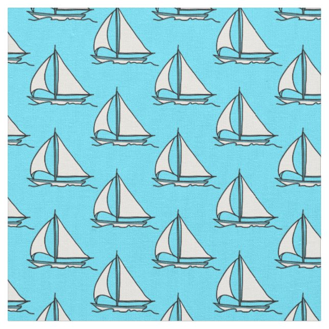 Segelboote auf blauem Seemuster Stoff (Nahaufnahme)