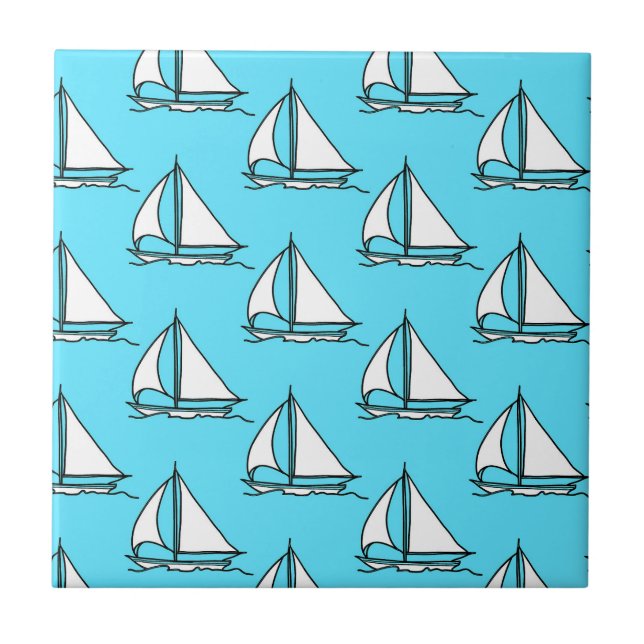 Segelboote auf Blaumeer-Muster Fliese (Vorderseite)