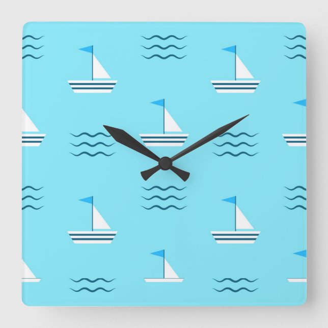 Segelboote auf dem blauen Seemuster Quadratische Wanduhr (Vorderseite)