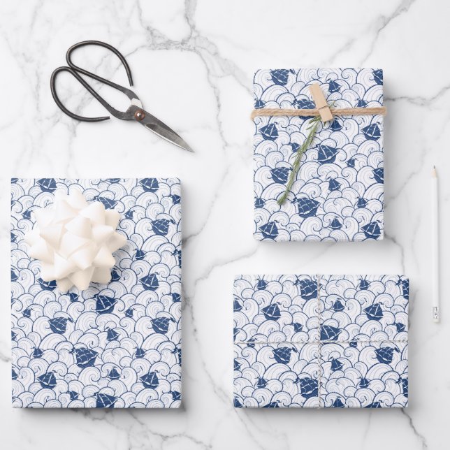 Segelboote auf dem Meeresmuster Geschenkpapier Set (Vorderseite)
