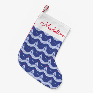 Segelboote auf einem gestreiften Seemuster   Kleiner Weihnachtsstrumpf