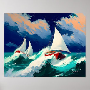 Segelboote, die in schweren Meeren fahren Poster