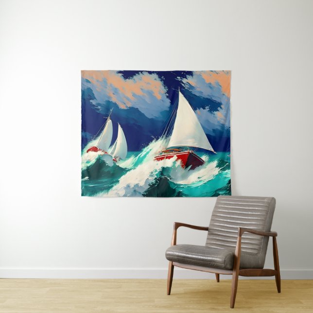 Segelboote, die in schweren Meeren fahren Wandteppich (Beispiel (Horizontal))