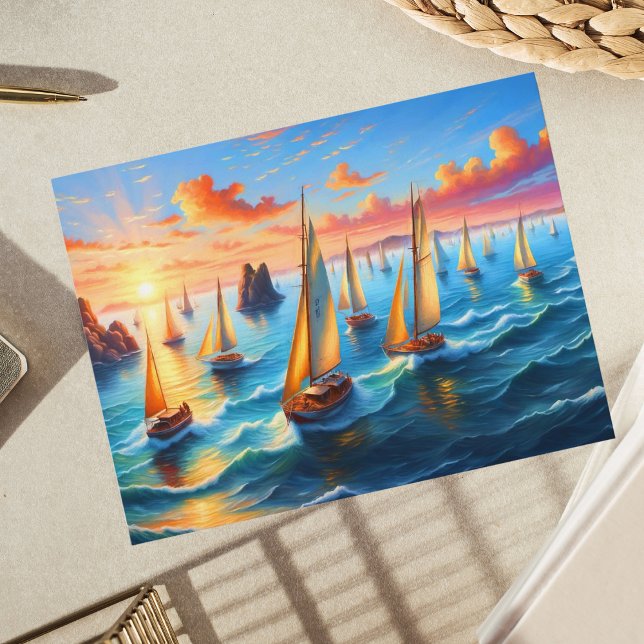Segelboote im Friedlichen Sonnenuntergang Postkarte (Capture serenity with tranquil sailboat scene, perfect for sailing enthusiasts and art lovers.)