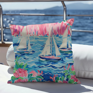 Segelboote in Aquarellfarben Rosa Flora Preppy Coa Kissen