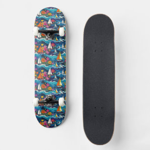 Segelboote in Ozeanwellen Tropische Blumen Skateboard