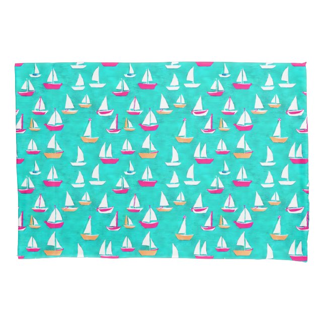 Segelboote Muster Pink & Aqua Kissenbezug (Vorderseite)