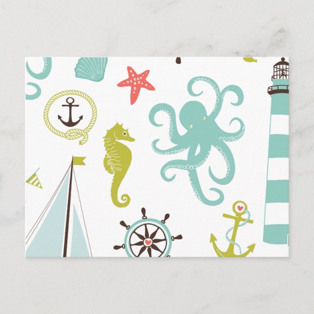 Segelboote & Sea Life Pattern Postkarte (Vorderseite)
