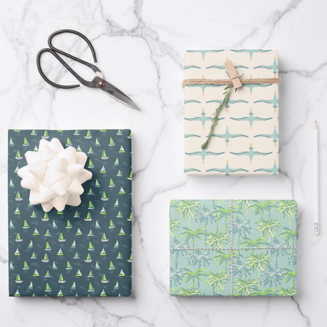 Segelboote, tropische Palmen, Ozeanvögel Geschenkpapier Set (Vorderseite)