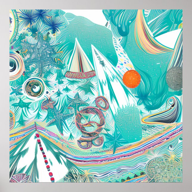 Segelboote und Meereslebewesen Abstrakte Strandkun Poster (Vorne)