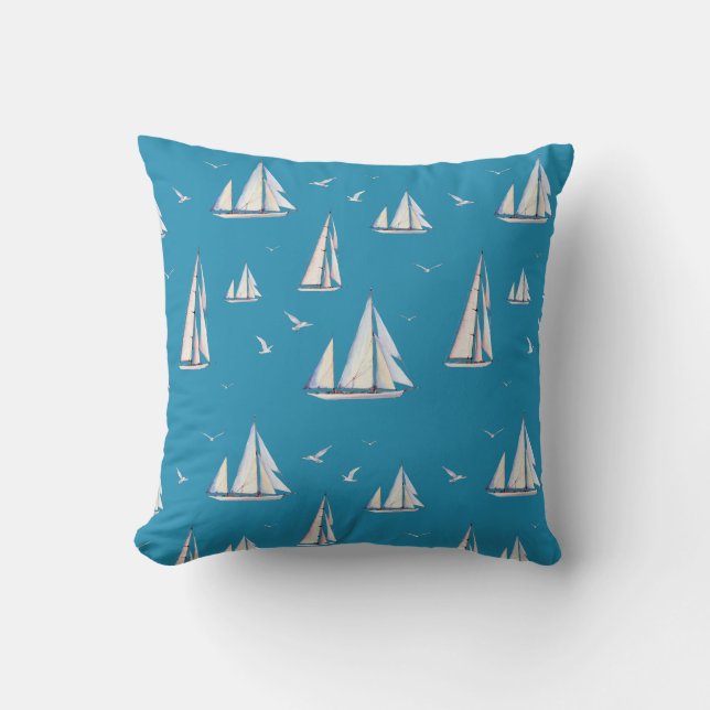 Segelboote und Möwen auf Aqua Kissen (Vorderseite)