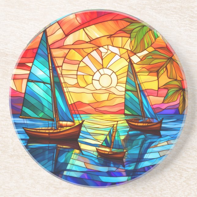 Segelboote und Sonnenuntergänge Glaskunst Getränkeuntersetzer (Vorne)