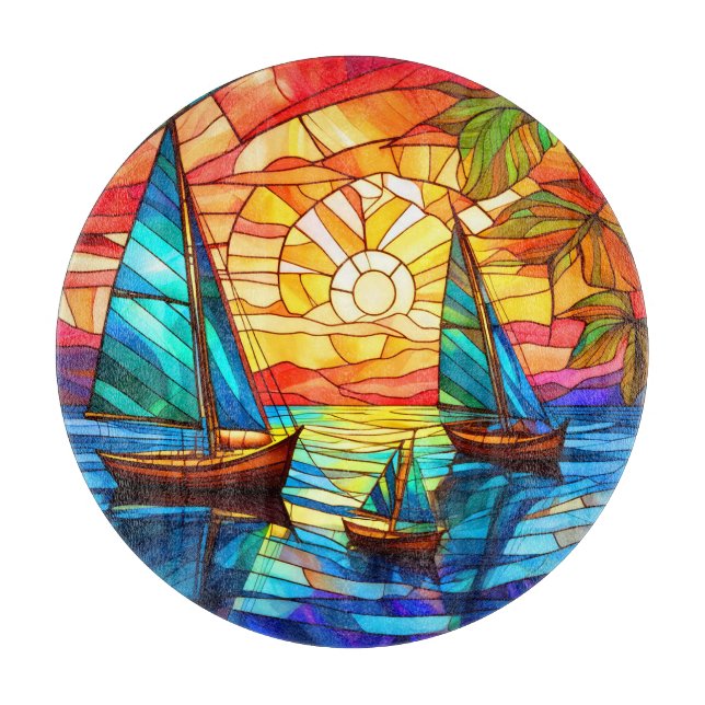 Segelboote und Sonnenuntergänge Glaskunst Schneidebrett (Vorderseite)
