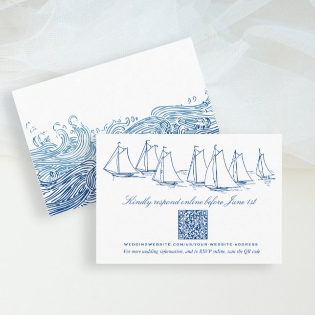 Segelboote und Wellen Hochzeitsstifter Online-UAWG Begleitkarte (Sailboat and Waves Wedding QR Code Online RSVP card for an Elegant Navy Blue Yacht Club wedding)