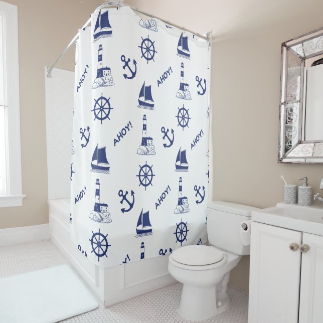 Segeln Illustrative Big Ptn Navy Blau+Transparent Duschvorhang (Beispiel)