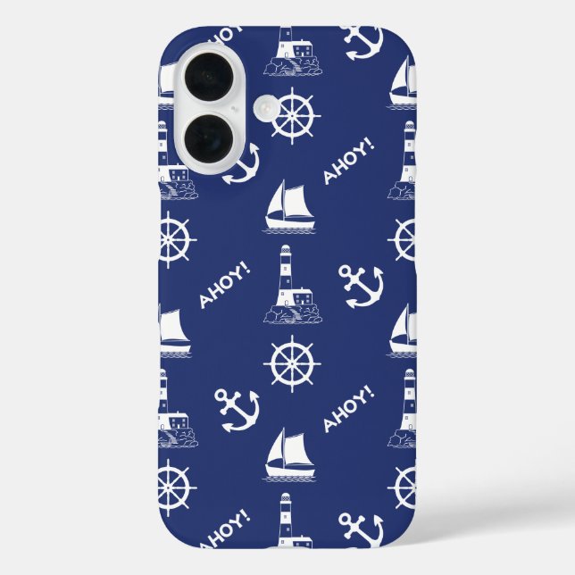 Segeln illustrierendes Muster White+Navy Blue iPhone 16 Hülle (Rückseite)