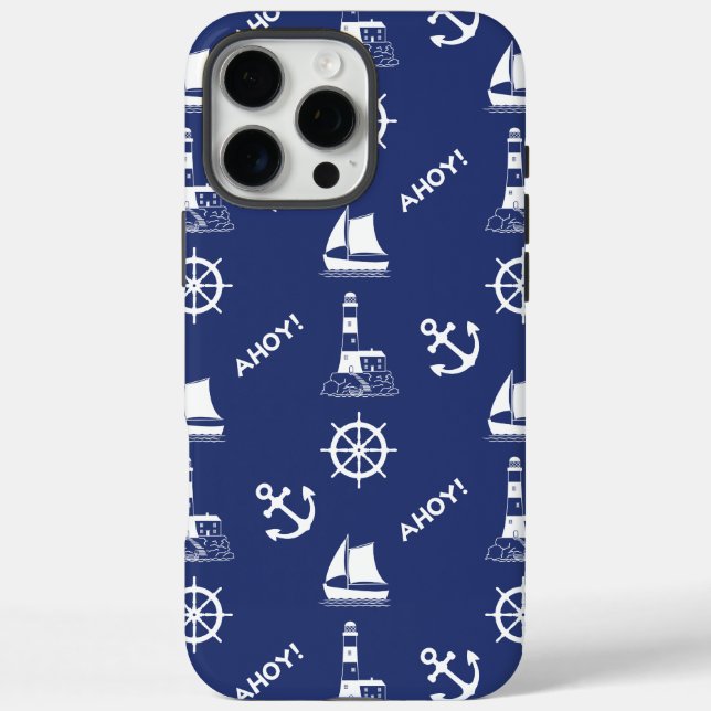 Segeln illustrierendes Muster White+Navy Blue iPhone 16 Pro Max Hülle (Rückseite)