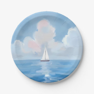 Segeln in Blau Küsten-Segelboot-Ozean-Malerei Pappteller