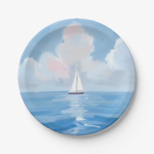 Segeln in Blau Küsten-Segelschiff-Ozean-Malerei Pappteller