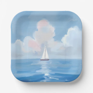 Segeln in Blau Küsten-Segelschiff-Ozean-Malerei Pappteller