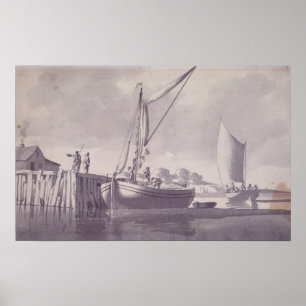 Segeln-Lastkähne, die einem Kai sich nähern Poster