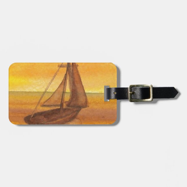 Segeln-Segelboot-Sonnenuntergang-hübsche goldene Gepäckanhänger (Vorderseite horizontal)