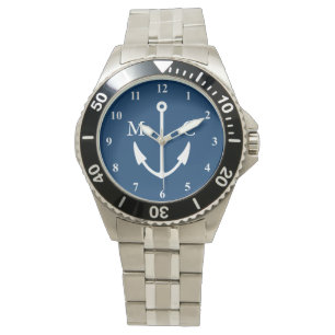 Segelndes Monogramm der Marineblau-Bootsanker-Uhr Armbanduhr