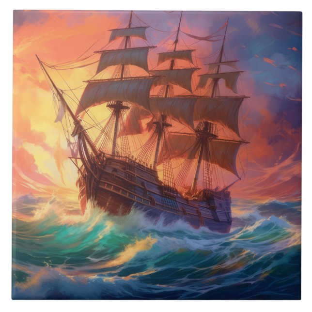 Segelschiff auf einem Sturmmeer Fliese (Vorderseite)