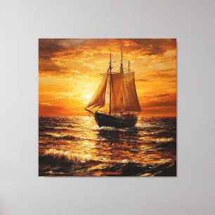 Segelschiff bei Sonnenuntergang mit goldenem Himme Leinwanddruck