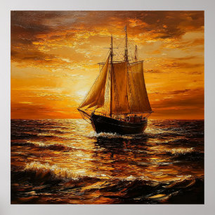 Segelschiff bei Sunset mit Golden Sky Poster