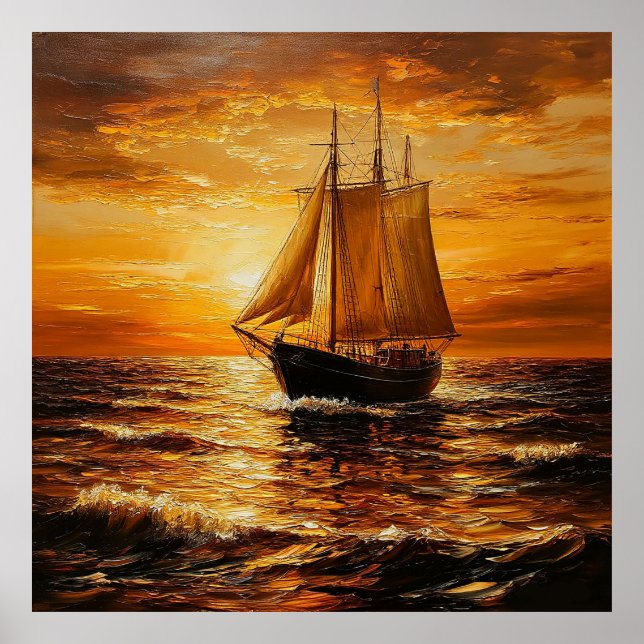 Segelschiff bei Sunset mit Golden Sky Poster (Vorne)