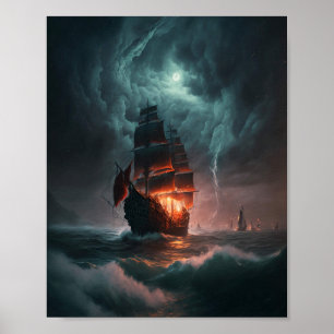 Segelschiff, das Wellen und Sturm im Meer bekämpft Poster