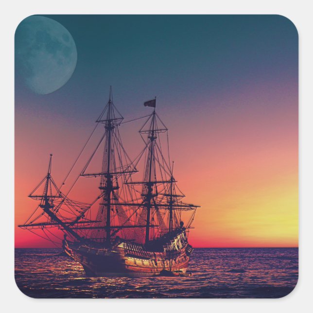 Segelschiff in den Sonnenuntergang Quadratischer Aufkleber (Vorderseite)