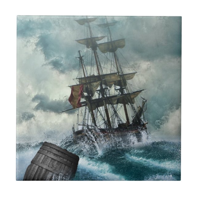 Segelschiff in Sturm Illustration Fliese (Vorderseite)