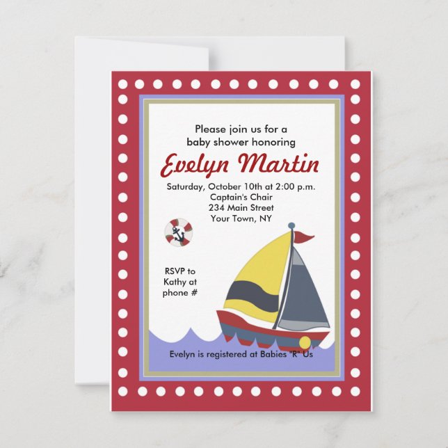 Segelschiff Nautical Baby Shower Einladungen (Vorderseite)