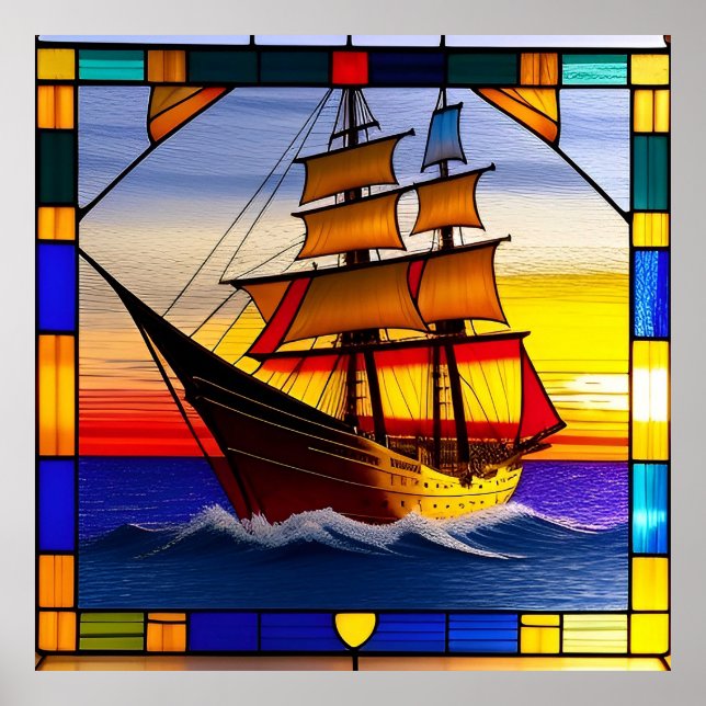 Segelschiff über Meereswellen Poster (Vorne)