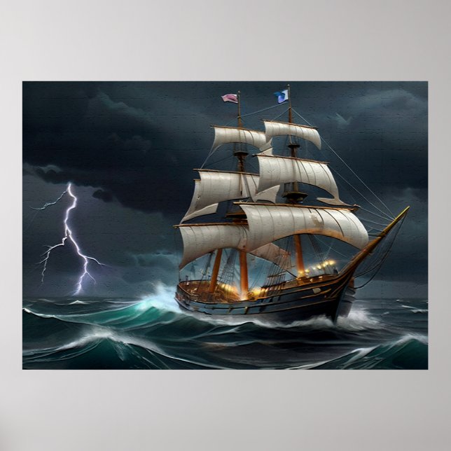 Segelschiff und Blitzkunst Poster (Vorne)