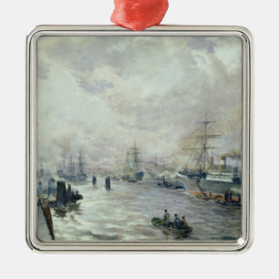 Segelschiffe im Hafen von Hamburg, 1889 Silbernes Ornament