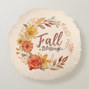 Segen im Herbst - Herbstleaves und Blumenkranz Rundes Kissen