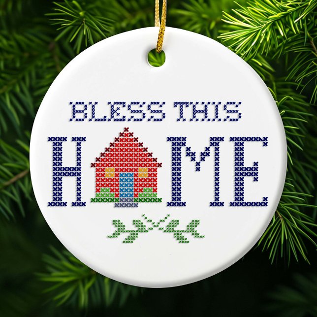 Segen Sie diese Zuhause-Ornament Keramikornament (Bless This Home cross stitch needlework embroidery design.)