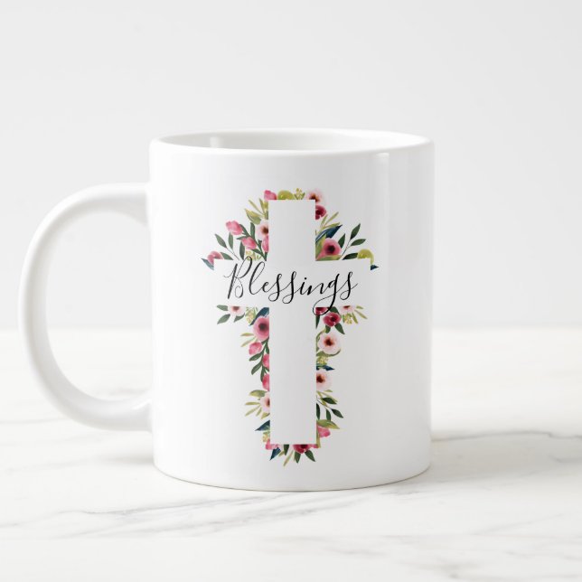 Segnungen Floral Wasserfarbe Religiöses Kreuz Jumbo-Tasse (Links)