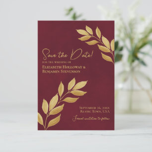Sehnsüchtige Blätter Elegantes Burgund und Goldene Save The Date